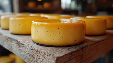 Crafty yellow cheese rounds rest atop a natural wooden counter, evoke rustic charm, perfect for artisanal food displays or farm-to-table projects.の写真素材