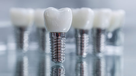 Gleaming dental fixtures with pristine ceramic caps line up on a glossy surface, showing...