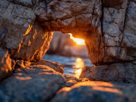 A tranquil coastal scene bathed in soft sunset glow, where a rugged rock formation frames the shimmering water, revealing rich textures and peaceful reflections.の写真素材