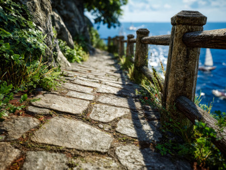 A charming stone trail meanders along the cliffs, bordered by weathered wooden rails, offering a...