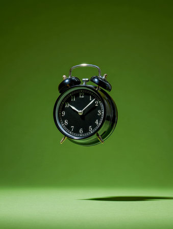 An antique-style black alarm clock hovers over a vibrant green base, its shadow stretching across...