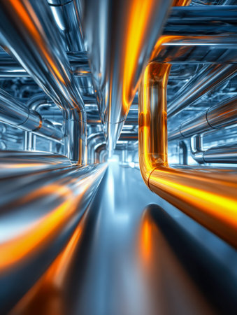 A cutting-edge industrial corridor features streamlined metallic conduits highlighted by fiery...