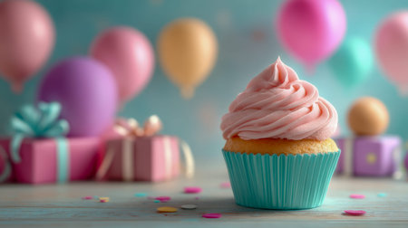 A charming celebration scene featuring a delicate vanilla treat topped with blush icing, nestled in...