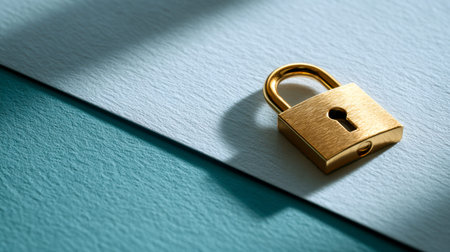 A luminous golden lock delicately balances on rough paper textures, set against gentle blue and...