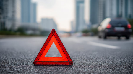 A vivid red safety triangle stands alert on the city pavement, warning drivers of a potential obstacle amid bustling vehicles and towering structures under an overcast sky.の写真素材