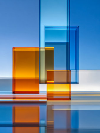 Vibrant geometric arrangement featuring semi-transparent orange and blue shapes layered on a mirrored surface, set against a smooth gradient backdrop fostering visual balの写真素材