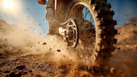 A rider maneuvers a dirt motorcycle across a rough, dusty landscape, kicking up a cloud of earth as they navigate uneven trails amidst a rugged backdrop.の写真素材