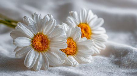 Delicate daisies with bright yellow cores rest gently on plush fabric, evoking tranquility and a touch of nature?s elegance under soft, diffused light.の写真素材