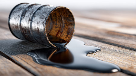 A weathered, corroded container lies askew on aged timber, dark viscous substance pooling around it,...