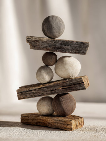 An elegant blend of polished wooden orbs and weathered driftwood, artfully assembled to evoke...