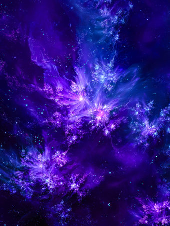 Swirling hues of violet and azure light up the vastness of space, dotted with radiant star clusters...