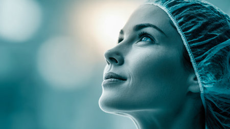 A dedicated healthcare worker in a protective cap gazes upward with a gentle, optimistic smile, set against a calming, softly focused medical environment in cool hues.の写真素材