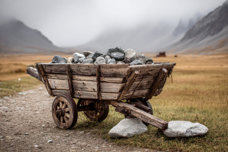 An aged wooden wagon, loaded with smooth stones, rests along a dusty trail amidst wide-open plains,...