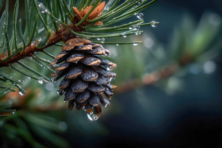 A solitary pine cone dangles from a branch, adorned with glistening droplets that mirror the gentle...