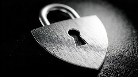 A sleek, metallic love lock with a central keyhole rests against a rugged dark background, evoking themes of safeguarding cherished moments and trust with subtle ambientの写真素材