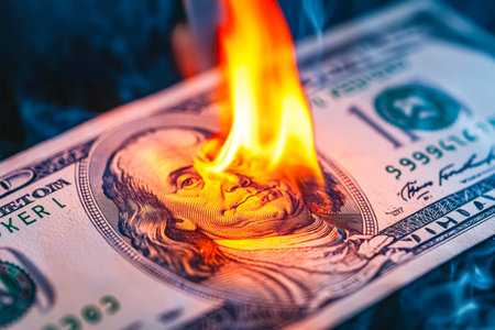 A hundred-dollar bill ignites with vibrant flames and billowing smoke, creating a dramatic and...