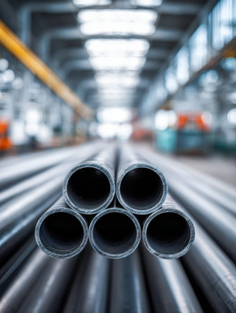 A detailed shot of stacked steel tubes highlighting their circular profiles, set against a...