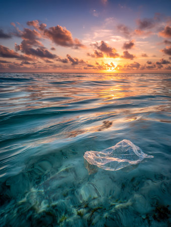 Amidst a stunning sunset, a lone plastic bag drifts over pristine turquoise waters, symbolizing the...