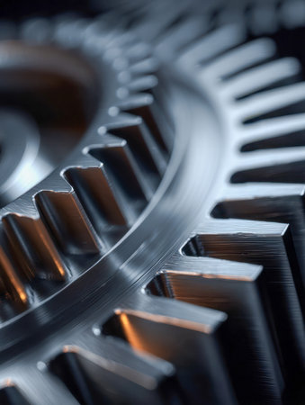 Close-up of intricately machined metal gears highlighting flawless surface reflections and sharply...