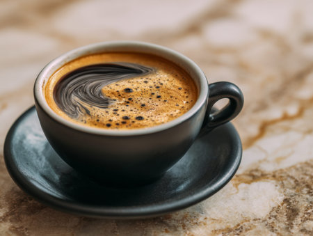 A sleek ebony ceramic mug cradles aromatic coffee with velvety cream patterns flowing across the...