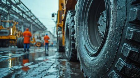 Rugged tire of a heavy-duty vehicle dominates muddy terrain as workers in waterproof gear carry out...