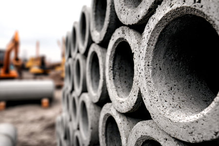 Heavy cylindrical conduits are arranged in neat towers on a bustling outdoor work zone, ready to...