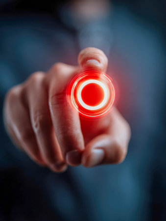A finger hovers above a luminous red control circle, exemplifying advanced interactive technology...