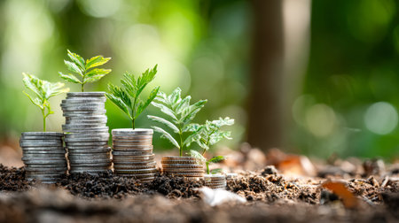 A lush green forest with thriving trees next to solar panels and eco-friendly financial charts,...