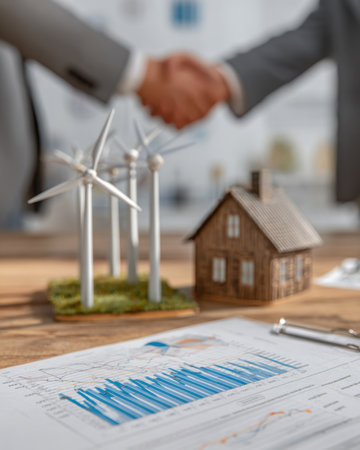 A professional hand signing a contract amid detailed charts, tiny wind turbine models, and a scale house, symbolizing green investment commitments.の写真素材