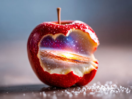 A dreamlike apple reveals a swirling celestial scene within, blending cosmic hues and starry...