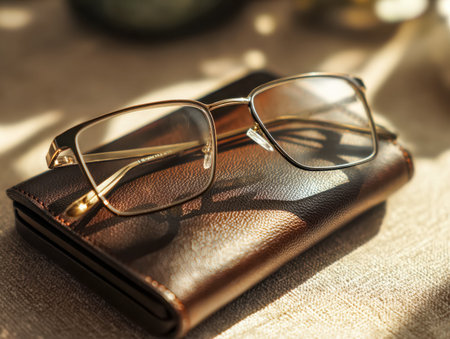 A sophisticated pair of spectacles dangles over a richly textured leather pouch, evoking a sense of...