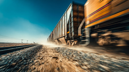A powerful locomotive surges through the countryside beneath a clear blue sky, plants along the...