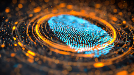A sleek, high-tech fingerprint pattern illuminated with vibrant blue and fiery orange highlights,...