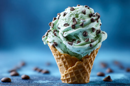 A creamy swirl of mint and chocolate specks crowns a crisp waffle cone, set against a vibrant blue...