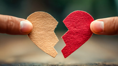 Fragile fingers grasp fragmented paper in the shape of a heart, conveying themes of loss, emotional...