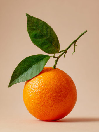 A bright, succulent orange showcases natural ripeness, complemented by two lively green leaves,...