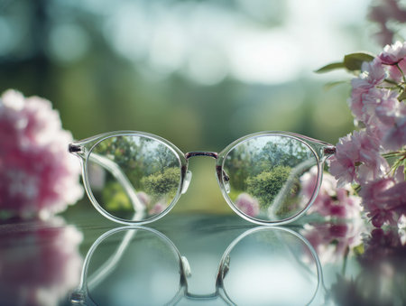 A pair of clear glasses rests on a glossy surface, mirroring a vibrant garden scene with delicate pink blossoms bathed in gentle sunlight.の写真素材