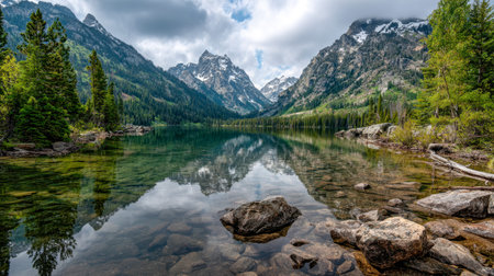 Tranquil wilderness scene showcasing a pristine lake mirroring majestic peaks, dense pines, and a...
