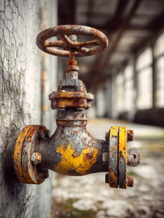 A weathered, chipped yellow valve contrasts against a rough, textured surface, evoking industrial...