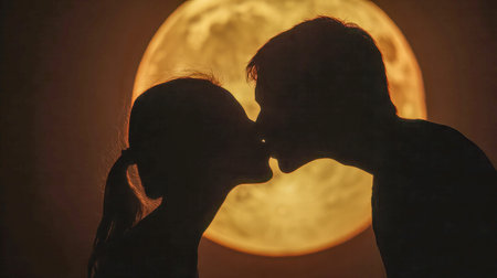 Under the luminous glow of a full moon, a couple's tender embrace forms a silhouette, evoking a...