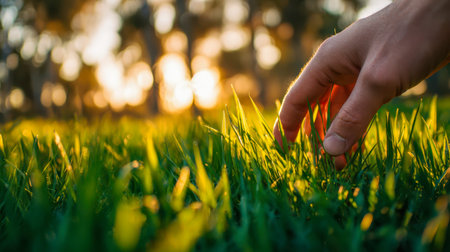 A soft hand grazes lush grass bathed in warm afternoon light, with dappled sunlight streaming...