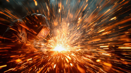 An expert metalworker clad in safety attire ignites a vivid flurry of sparks, illuminating a shadowy...