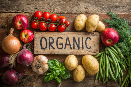 A vibrant display of colorful, farm-fresh produce surrounds a vintage wooden sign, emphasizing...