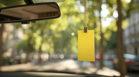Behind the windshield, a bright yellow item dangles, contrasting with the bustling cityscape blurred...