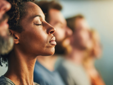 A multicultural circle of individuals softly seated with eyes gently shut, exuding tranquility as...