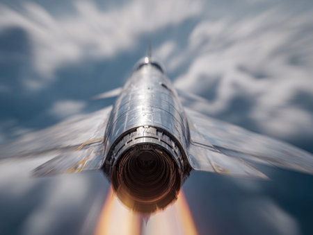 A powerful jet streaks through the blue sky, its metallic surface shimmering with motion, flames...