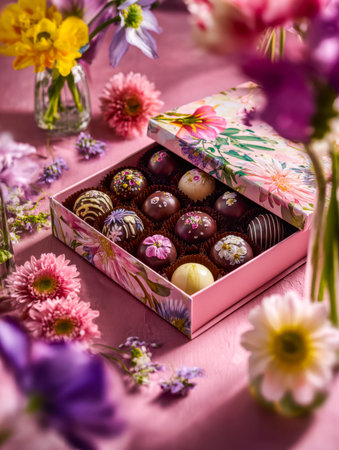 A luxurious arrangement of intricately decorated chocolates nestled in a graceful floral box,...