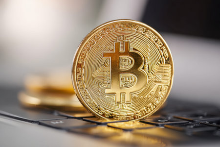 A shiny gold coin displaying a blockchain emblem rests on a sleek laptop keyboard, symbolizing...