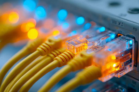 A detailed view of vibrant yellow Ethernet cables connected tightly to sleek, contemporary router...
