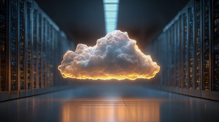 A luminous digital cloud hovers within a sleek, high-tech data corridor, enveloped by illuminated...